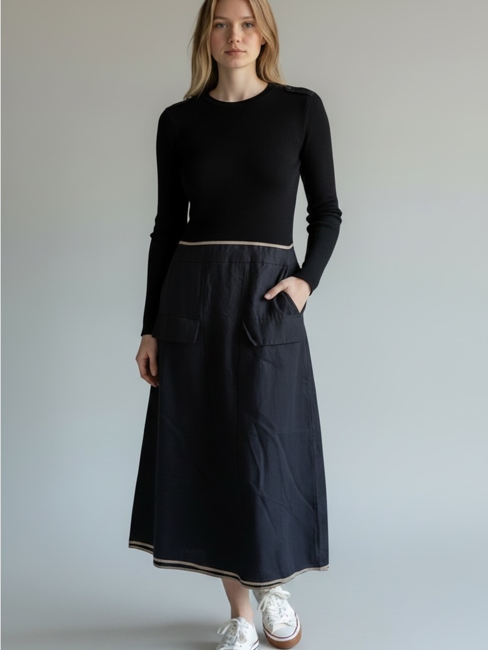 Zara Black Midi A-Line Dress Ripped Multimedia with Contrast Trim